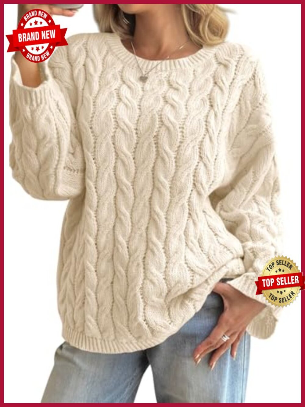 Oversized Cable Knit Sweater Long Sleeve Chunky Pullover Crew Neck
